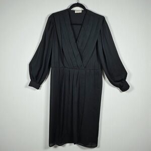 VTG Bits and Pieces Ltd Dress Black Pleated V Neck Long Sleeve Midi Woman Medium